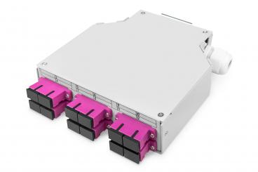 LWL-Hutschienenbox, MM-OM4, bestückt, mit SC-Adapter und Pigtail 